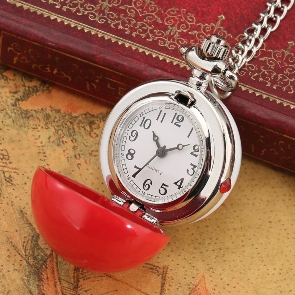 🔥SALE🔥 Adorable Pokéball Pocket Watch Necklace With Ruby Gemstone Accent
